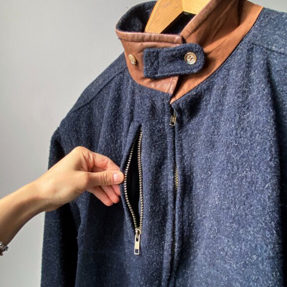 🍂 90s Vintage Dark Blue Wool Zip-Up Bomber Jacket by Woolrich - Picture 5 of 8